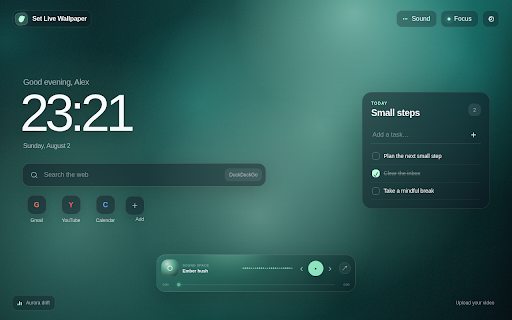 Set Live Wallpaper :: A fast, private new tab with live wallpapers, your own videos, focus tools and shortcuts.