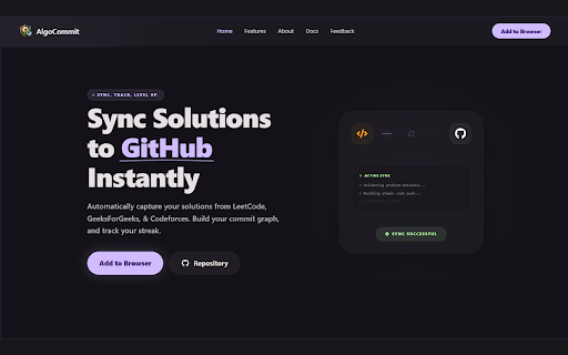 Syncode: Auto-Sync DSA to Github (AlgoCommit) :: Automatically sync your LeetCode, GeeksForGeeks, & Codeforces solutions to GitHub with streak tracking and difficulty stats.