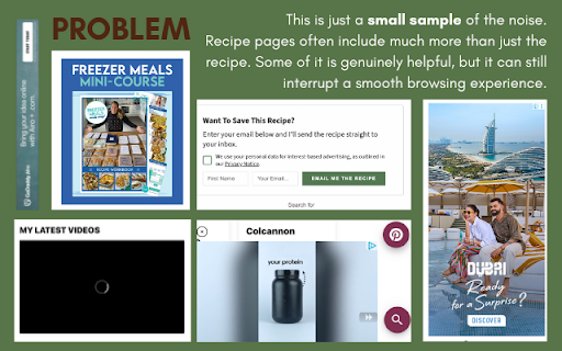 Velvet Recipe Refiner: built using plugthis.ai :: Instantly removes the clutter from recipe pages and shows a clean, easy-to-follow recipe summary in a side panel.