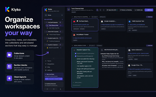 Klyko — Tab & Workspace Manager :: Save tabs, links, and project workspaces in a clean side panel. Reopen your work context faster.