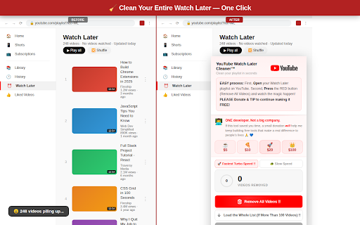 YouTube Watch Later Cleaner™ :: The fastest way to bulk-remove all videos from your YouTube Watch Later playlist. One click. Free forever.