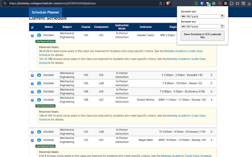 Cal Schedule ICS :: A Chrome extension that converts your UC Berkeley schedule into an ICS calendar file for easy import into Google Calendar, Apple…