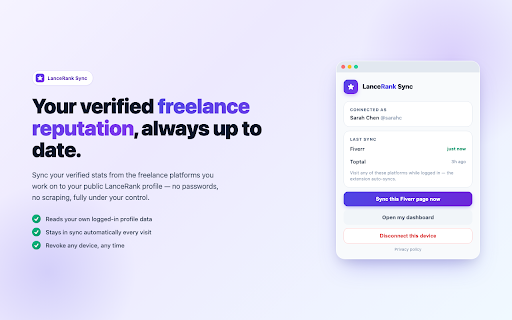 LanceRank Sync :: Sync your verified freelance reputation from Upwork, Fiverr, Toptal + 6 more — plus LinkedIn — to your LanceRank profile.