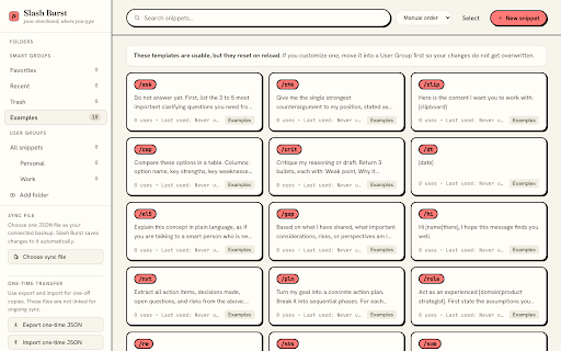 Slash Burst: AI Prompt Commands & Text Expander :: Text expander for AI prompts, snippets, templates, and canned responses. Works in normal web text fields. Your data stays local.