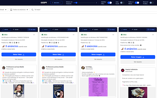 GGSPY :: Filtre anúncios por criativos, veja dias ativos, busque nichos em 3 idiomas, baixe mídias e gere análises com IA na Ad Library.