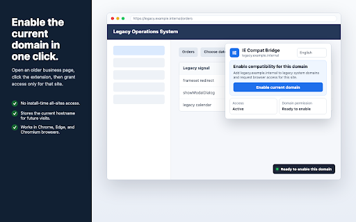 IE Compat Bridge :: Configurable JavaScript and DOM compatibility fixes for legacy business web apps in Chrome, Edge, and Chromium browsers.