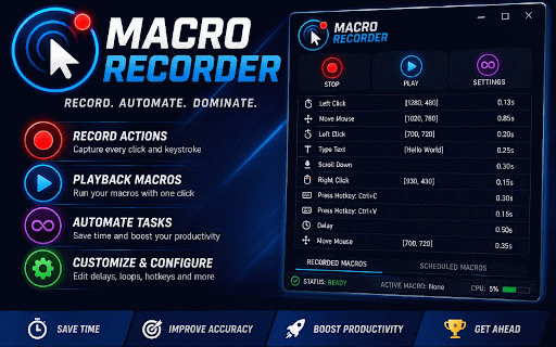 MACRO RECORDER :: Graba interacciones de teclado y ratón y las reproduce con fidelidad de eventos confiables (isTrusted) vía Chrome DevTools Protocol.