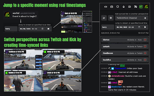 Twitch Kick Sync :: Sync Twitch & Kick VODs. Switch perspectives, jump to timestamps, and resume playback cross-platform.