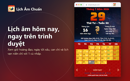 Lịch Âm Chuẩn - Xem Lịch Vạn Niên Hôm Nay :: Lịch Âm Chuẩn: tra cứu lịch âm hôm nay, giờ hoàng đạo, ngày tốt xấu, đổi lịch âm dương chính xác, nhanh chóng cho người Việt.