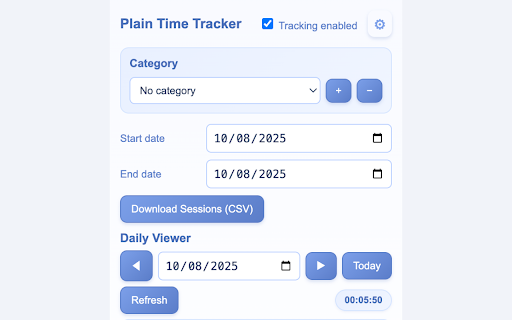 Plain Time Tracker :: Automatic active-tab time tracking with idle redaction, daily totals, and local CSV export. Privacy-first.