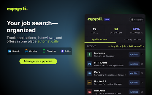 Appli — Job Application Tracker :: Auto-track LinkedIn Easy Apply jobs. AI adds skills, salary & location. Dashboard with filters, export & inline editing.