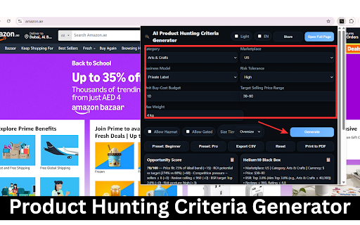 AI Product Hunting Criteria Generator (v21) :: Generate product‑hunting criteria for marketplaces. Offline heuristics; presets; export CSV/PDF. Not financial advice.