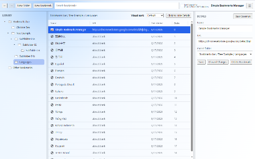 Simple Bookmarks Manager :: A simple local bookmarks manager for Chromium browsers, inspired by Firefox Places, Firefox’s bookmark management system.