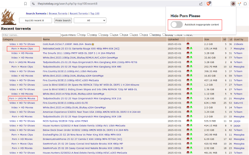 Hide The Porn Please (HTPP) :: Removes the Porn links from search result on thepiratebay.org