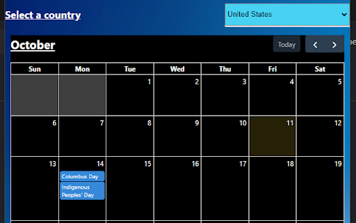 World Holiday Calendar :: An intuitive popup calendar extension that displays public holidays for the selected country.