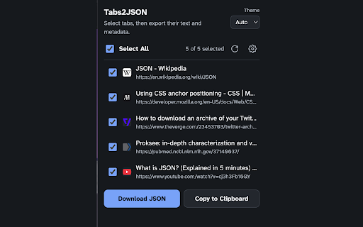 Tabs2JSON :: Export full page text and metadata from selected Chrome tabs to JSON.