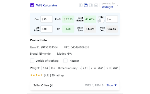 WFS Calculator by Walsight :: Calculate WFS profit, fees, ROI, and break-even on any Walmart product page.