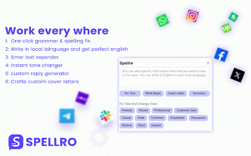Spellro: Grammar & Spelling Fixer, Smart Writing Assistant & Text Expander :: A smart writing assistant to fix grammar & spelling, expand shortcuts, adjust tone, craft custom replies, and write cover letters.