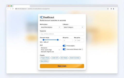 DealScout for Amazon :: Create Amazon search links for discounted items with marketplace, category, discount, price, sort, and Prime filters.