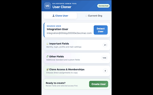 Salesforce User Cloner :: Clone Salesforce users, review fields, and optionally clone direct access assignments and memberships.