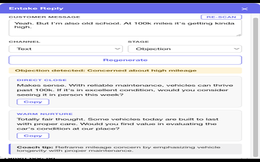 Entake Reply :: Generate AIBC-compliant sales replies to customer messages inside VinSolutions. Built for automotive dealerships.