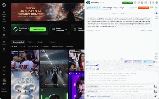 AutoKling for Kling - Auto Send Prompts & Batch Download :: Batch create & download images and videos on Kling, with prompts management and auto queue. (Not affiliated)