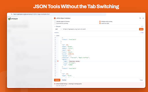 JSON Object Validator :: Validate and format JSON in the Chrome side panel, with optional JSON Schema validation.