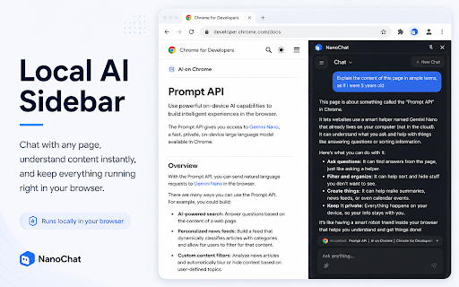 NanoChat: On-device AI Assistant :: Private local AI assistant & browser agent powered by Chrome Gemini Nano. Chat with webpages, summarize text & automate tasks.