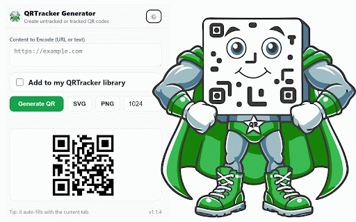 QR Tracker & Generator :: Generate QR codes from any page. Optionally create a tracked QR in your QRTracker.io library first.
