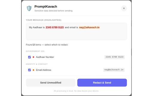 PromptKavach – AI PII Filter :: Intercepts sensitive and personally identifiable information before it reaches any AI chat interface.