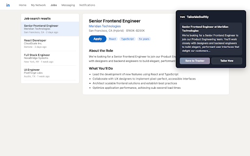 TailorMeSwiftly - Auto Job Capture :: Capture job descriptions, save to your Job Tracker, and tailor your resume — all from the browser