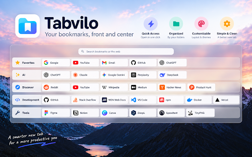 Tabvilo - Bookmark New Tab :: Tabvilo organizes browser bookmarks by folder on a customizable new tab page.