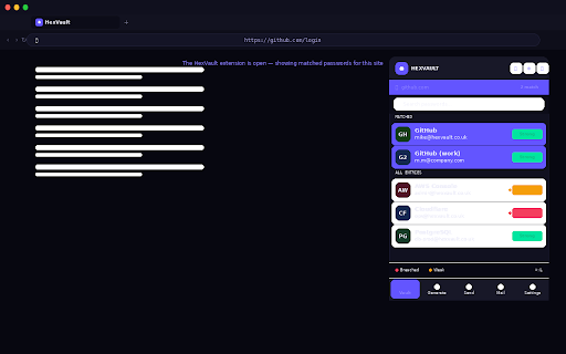 HexVault :: Zero-knowledge password manager with active phishing detection. Auto-fill, generate, and save passwords securely.