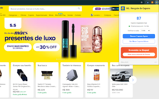 Mercado Livre: Resgate Automático de Cupons :: Resgate automático de cupons no Mercado Livre. Funciona de forma silenciosa e mantém uma barra lateral com seus descontos ativos.
