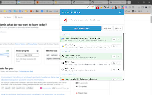 Tabs Doctor Ultimate :: Close duplicate tabs across all windows — even sleeping, blank & chrome:// pages. Double-click to merge all windows into one.