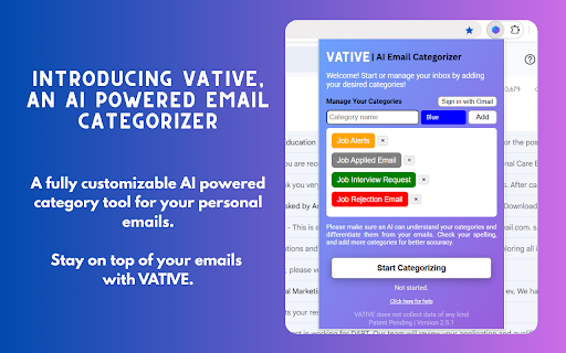 VATIVE - AI Gmail Categorizer :: A fully customizable AI powered category tool for your emails. Stay on top of your emails with VATIVE!