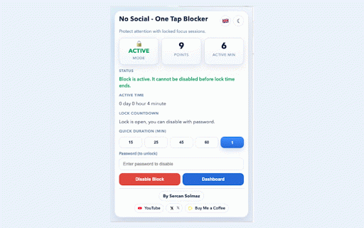 No Social - One Tap Blocker :: One-tap social media blocker with password lock, timed sessions, motivational wallpapers, and focus tracking.