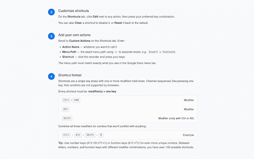 Docs Shortcuts :: Custom keyboard shortcuts for Google Docs — bind any menu action to a key combination.