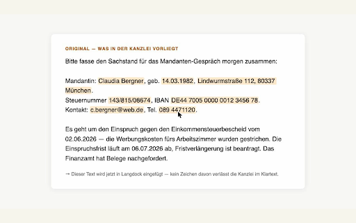 Saklam – Daten maskieren in ChatGPT & Co. :: Maskiert sensible Daten automatisch beim Senden an ChatGPT, Claude & Co. — Erkennung komplett lokal im Browser, mit Rückübersetzung.