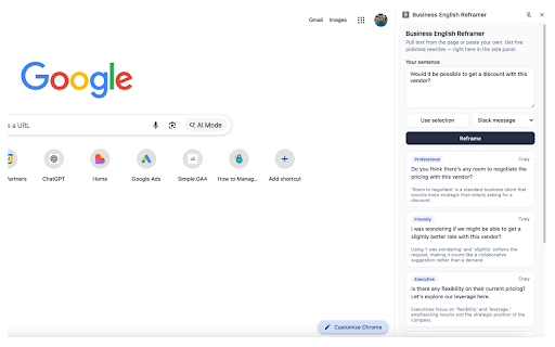 Business English Reframer :: Turn rough English into smoother, native-sounding business communication. Reframe selected text from any page in a side panel.