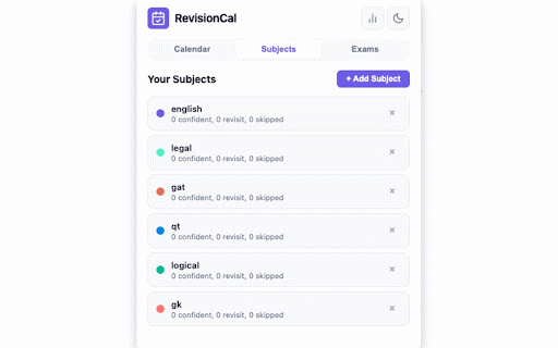 RevisionCal - Student Revision Tracker :: A simple visual calendar for students to track daily revision with tick, circle, or cross marks per subject.