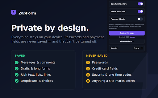 ZapForm — Form Recovery :: Never lose what you typed. ZapForm auto-saves your form text locally and restores it after a crash or accidental reload.
