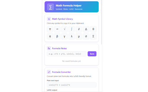 Math Formula Helper :: Quickly copy math symbols, save formulas, convert to LaTeX, and access calculus resources.