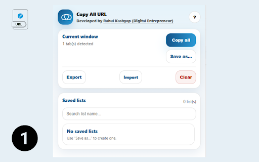 Copy All URL — Developed by Rahul Kashyap :: Copy all URLs from the current window, save named URL lists, and open them later in a new window. Includes export/import.