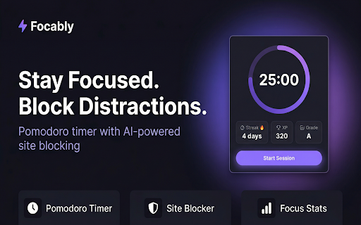 Focably – Pomodoro Timer + Site Blocker :: Focably helps users block distracting websites during focus sessions.