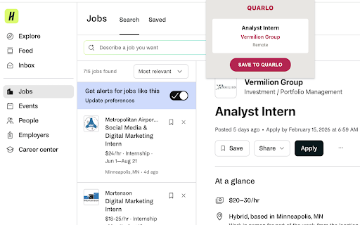 Quarlo Job Saver :: Save job postings to Quarlo with one click. Works on LinkedIn, Handshake, and Indeed.
