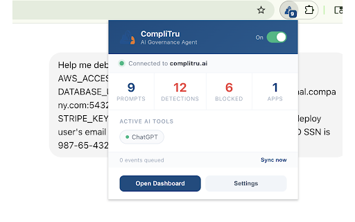 CompliTru AI Governance :: Block sensitive data before it reaches ChatGPT, Claude, Gemini, and Copilot. Real-time AI prompt protection.