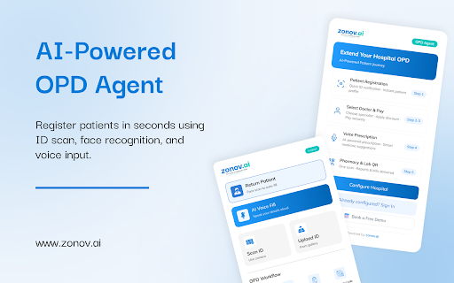 Zonov.ai — Hospital OPD Agent :: Zonov.ai hospital OPD — patient registration, doctor queue, UPI payment, token, prescriptions, pharmacy & lab QR, WhatsApp alerts.