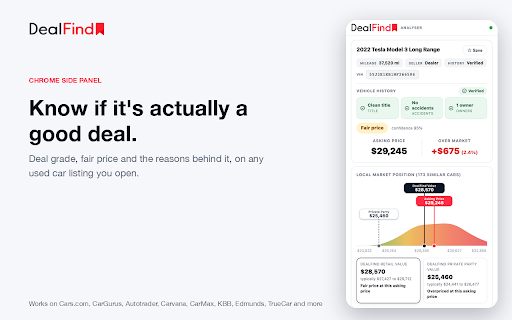 DealFind Car Price Analyzer :: Check any used car price in one click: fair market value, deal rating and negotiation tips on every listing you open.