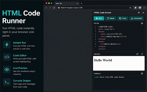 HTML Code Runner :: Run HTML, CSS and JavaScript instantly in Chrome's Side Panel.